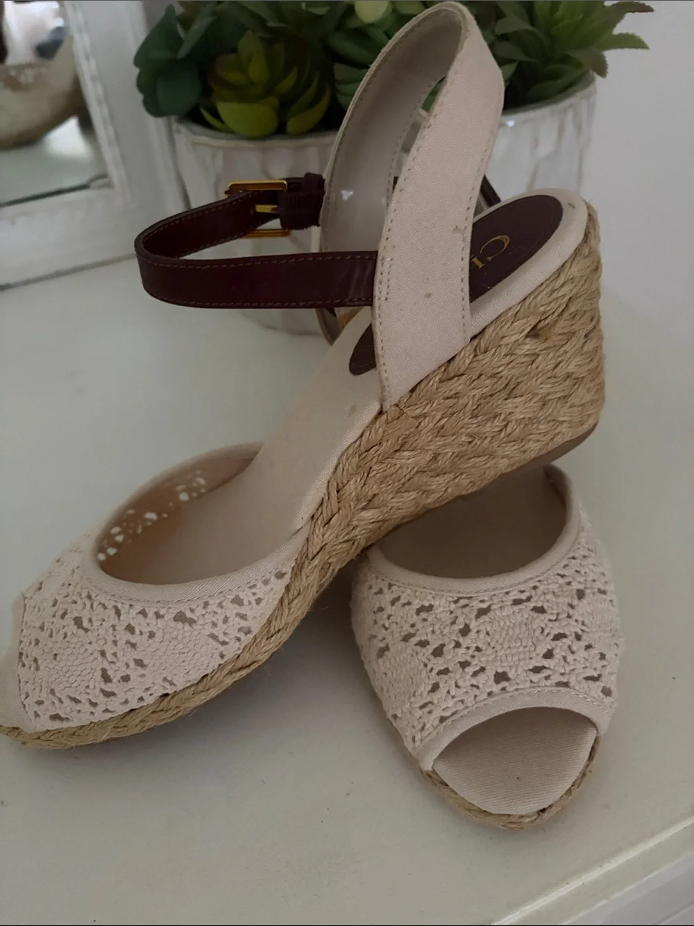 Chaps Cream Crochet Peep-Toe Wedge Sandals with Brown Ankle Strap